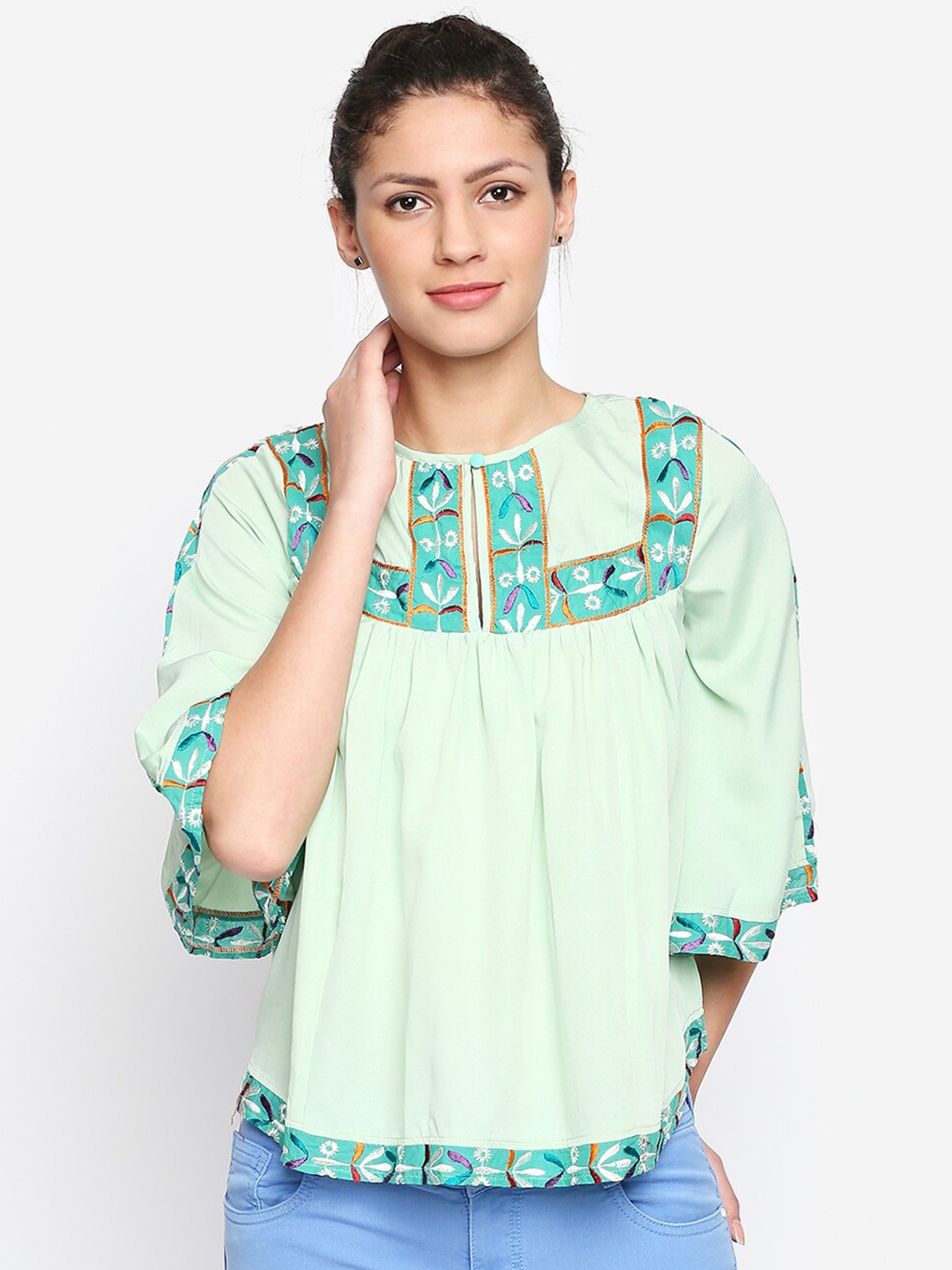 

aaliya Green & White Embroidered Keyhole Neck Crepe Top