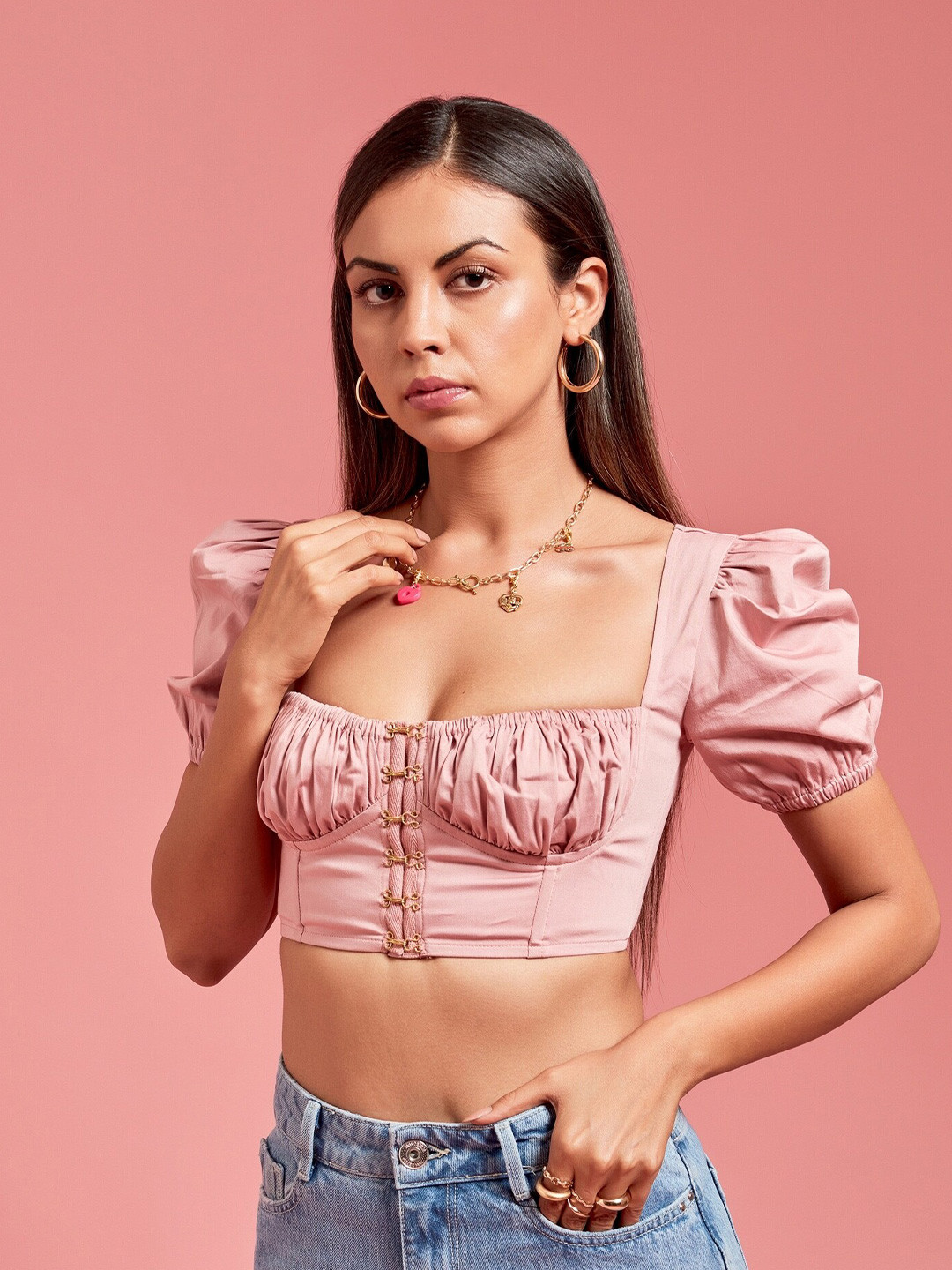 

THE CLOTHING FACTORY Pink Solid Puff Sleeves Crop Corset Top