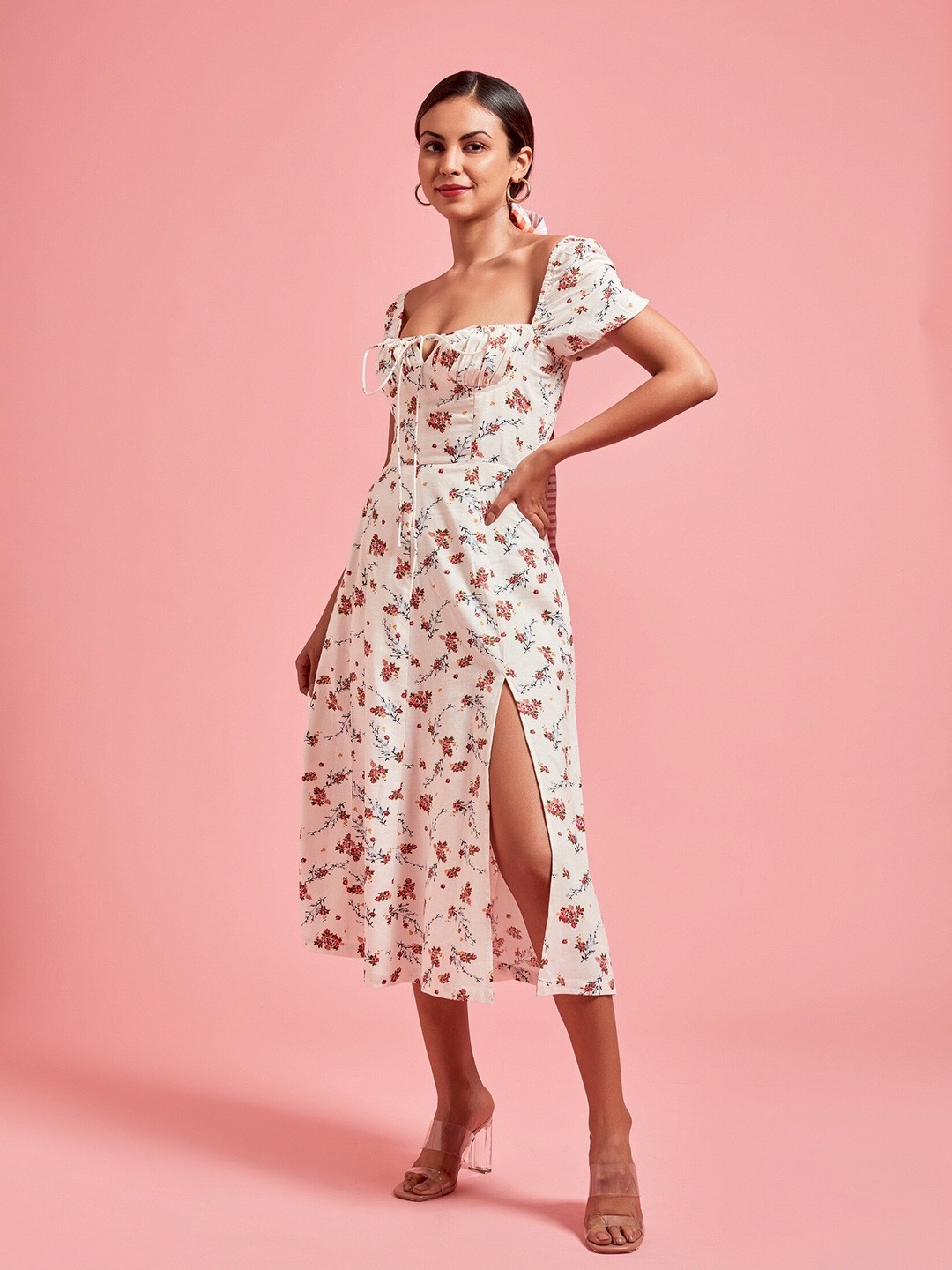

THE CLOTHING FACTORY White & Brown Floral Off-Shoulder Linen A-Line Midi Dress