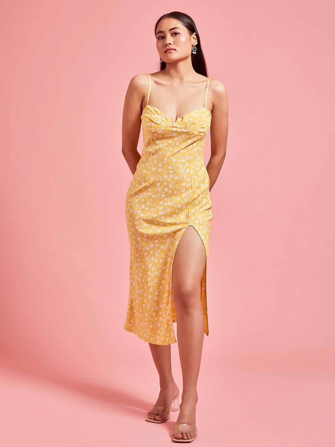 

THE CLOTHING FACTORY Women Yellow Floral Printed Sheath Midi Dress