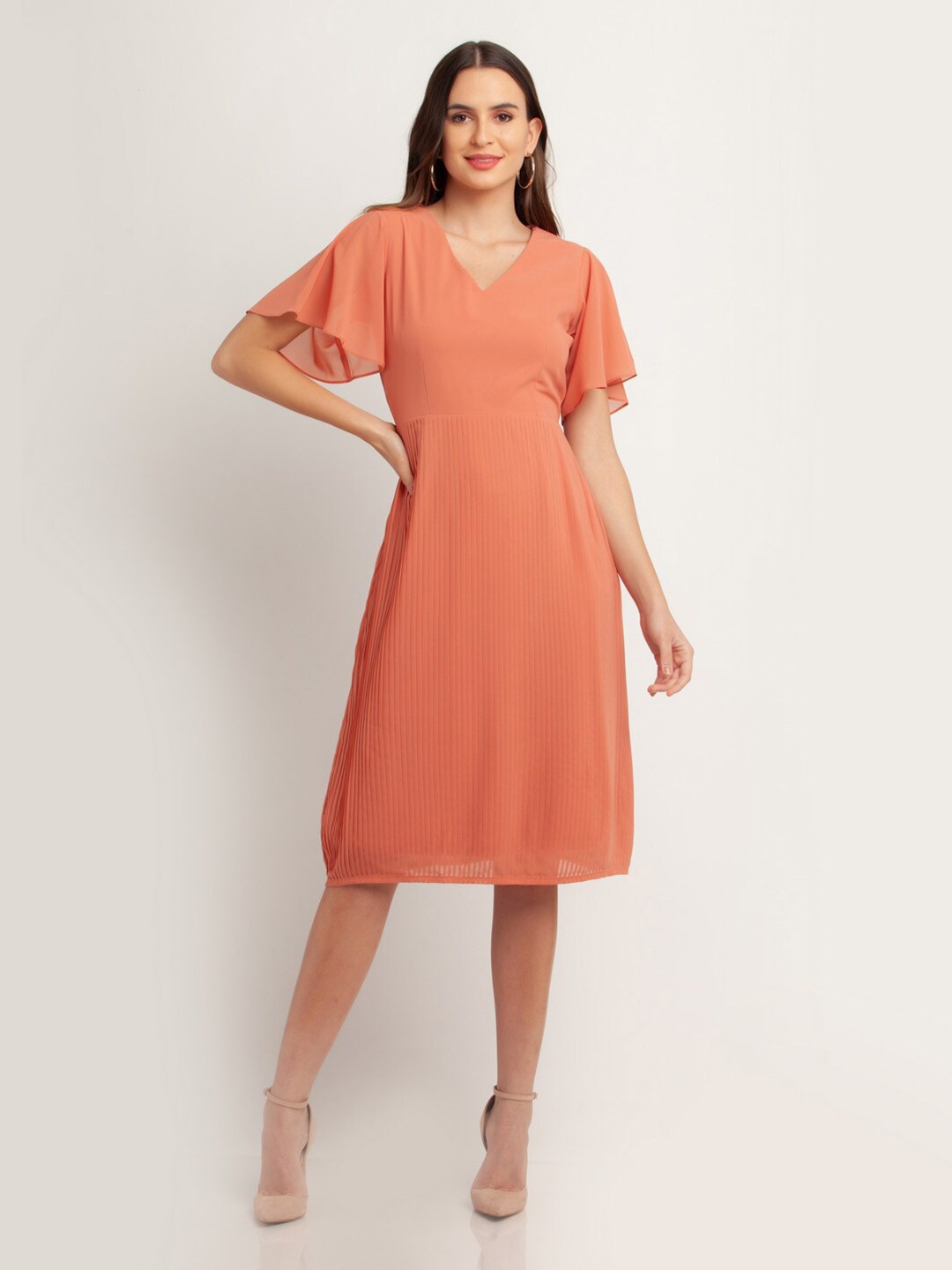 

Zink London Peach-Coloured Solid Flared Sleeves Fit & Flare Dress