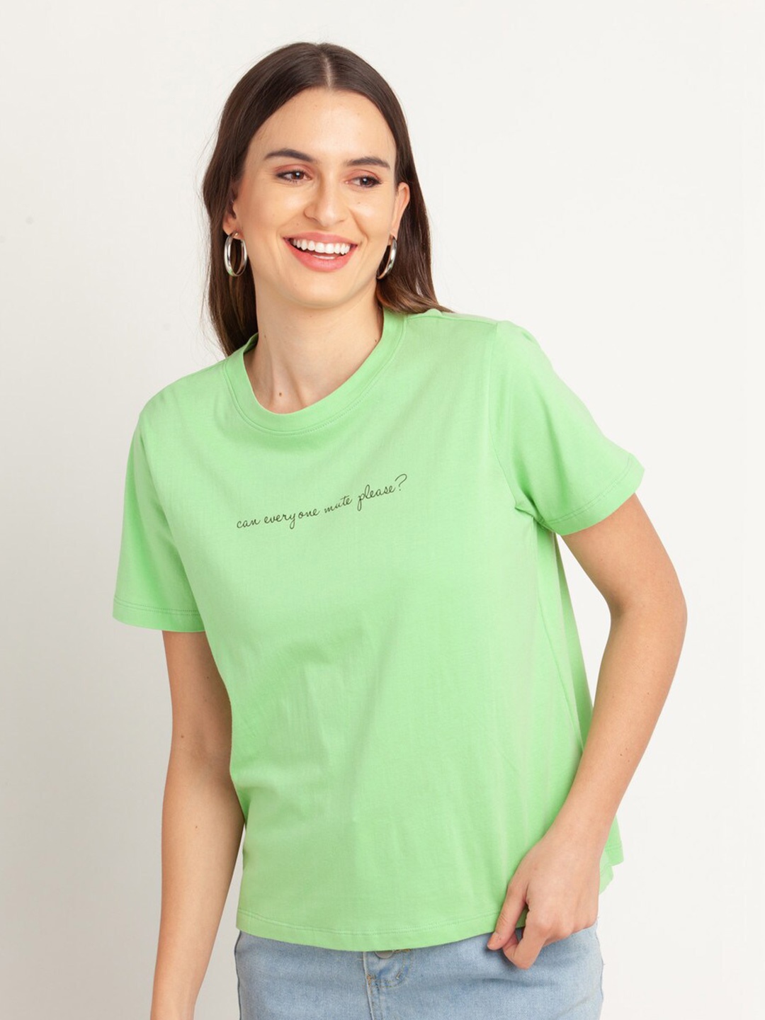 

Zink London Women Pastel Green Typography Printed Pure Cotton T-shirt