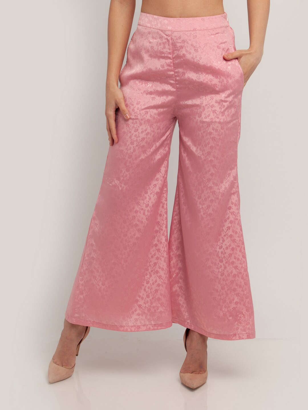 

Zink London Women Pink Self Design Wide Leg Palazzos