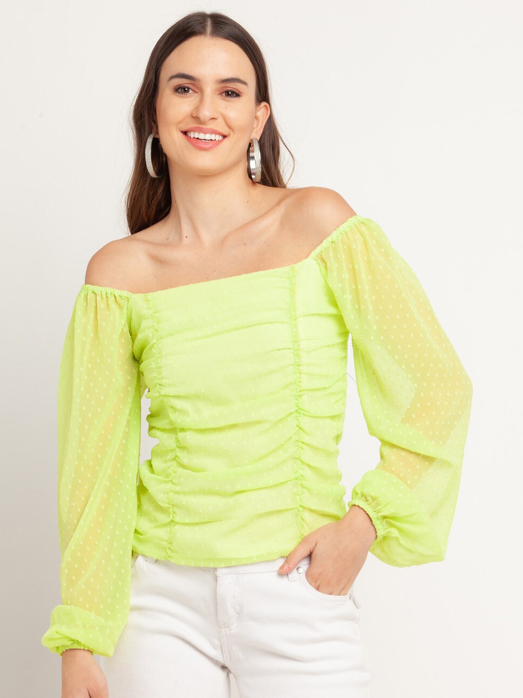 

Zink London Women Green Off-Shoulder Bardot Top