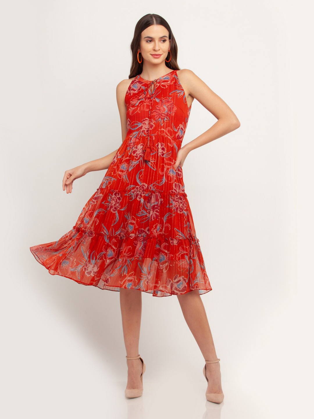

Zink London Women Rust Floral Keyhole Neck Dress
