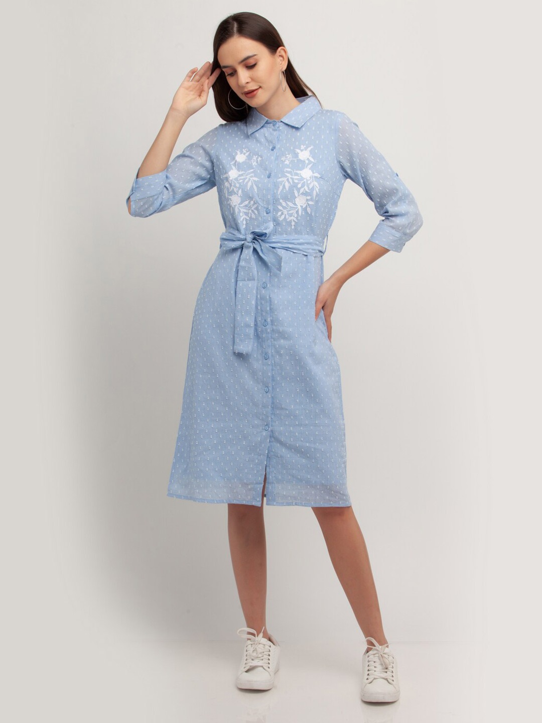 

Zink London Blue & White Floral Embroidered Shirt Dress