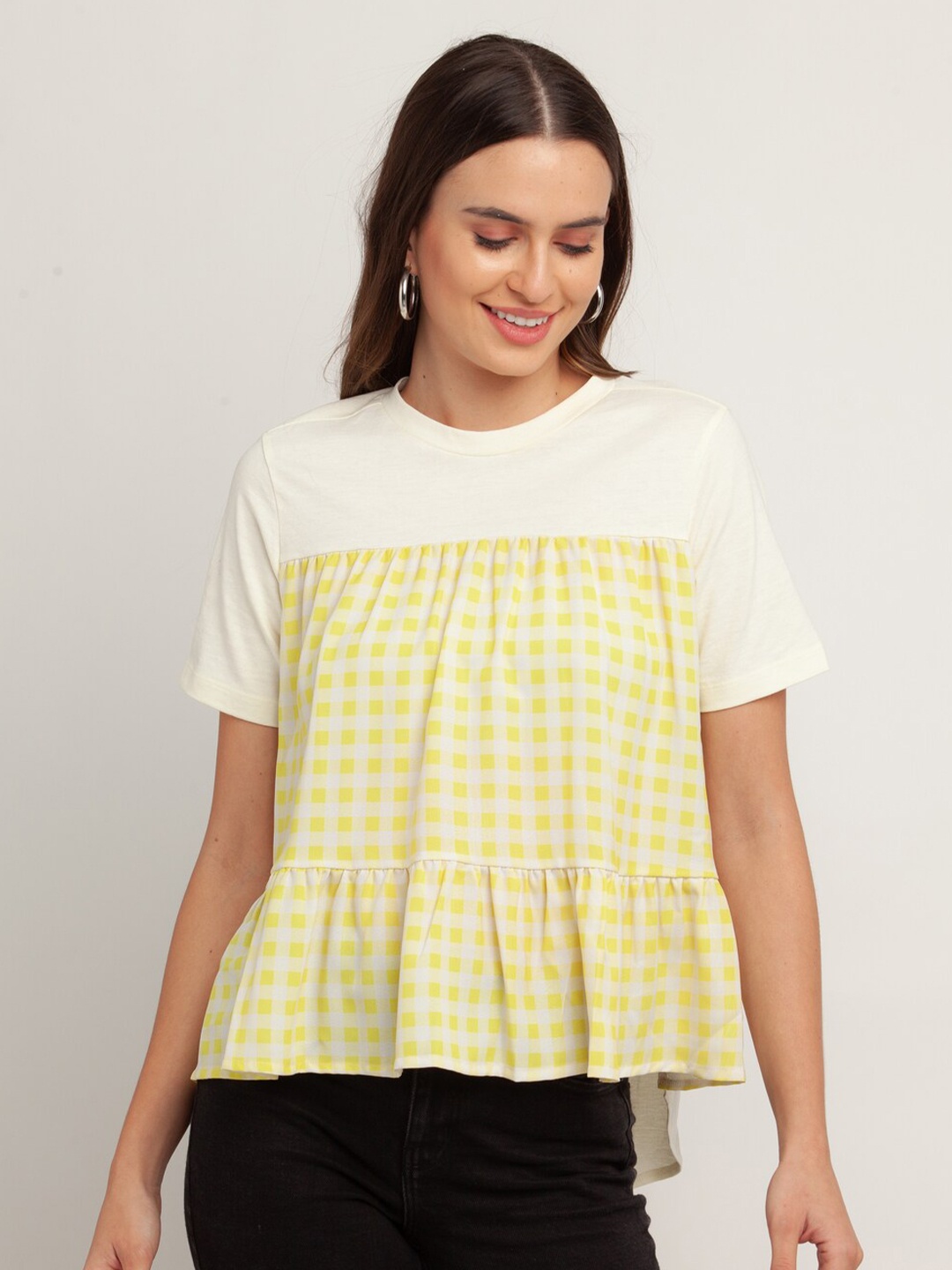 

Zink London Women Off White & Yellow Pure Cotton Checked Top