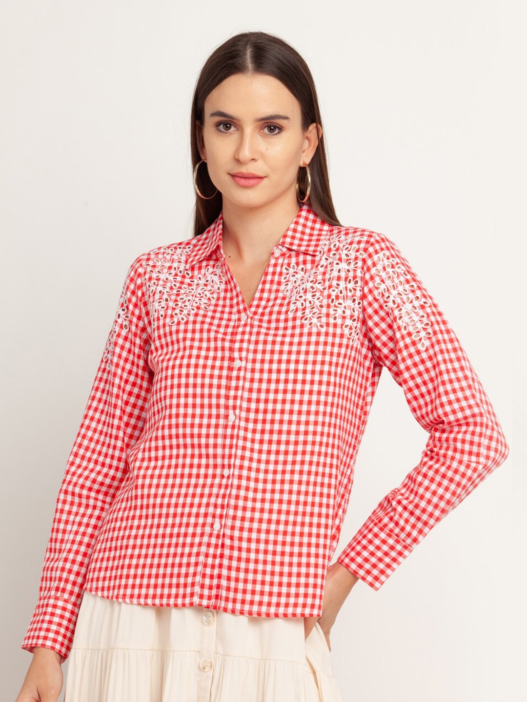 

Zink London Red & White Checked Embroidered Pure Cotton Shirt Style Top