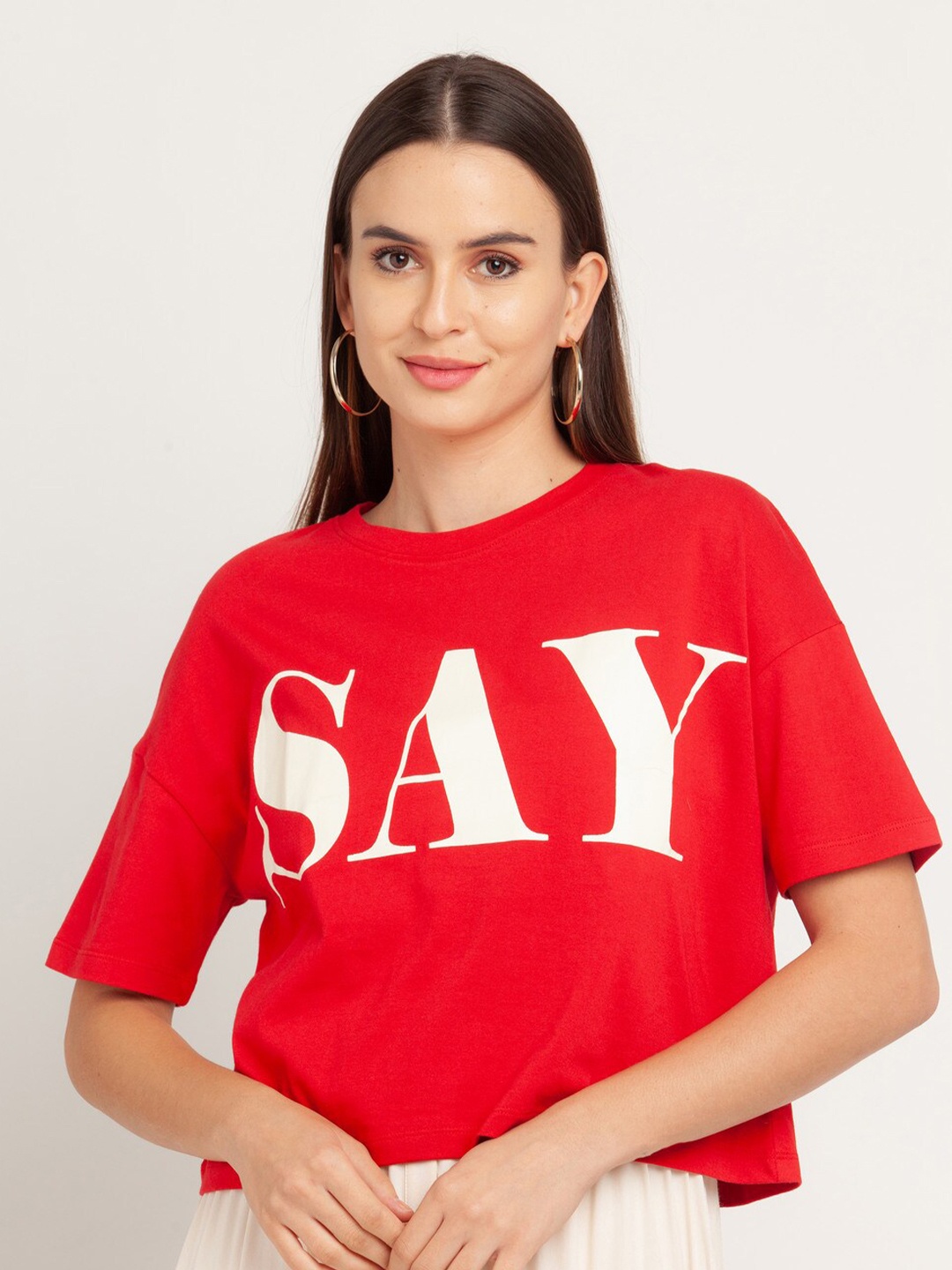 

Zink London Women Red Typography Printed Cotton T-shirt