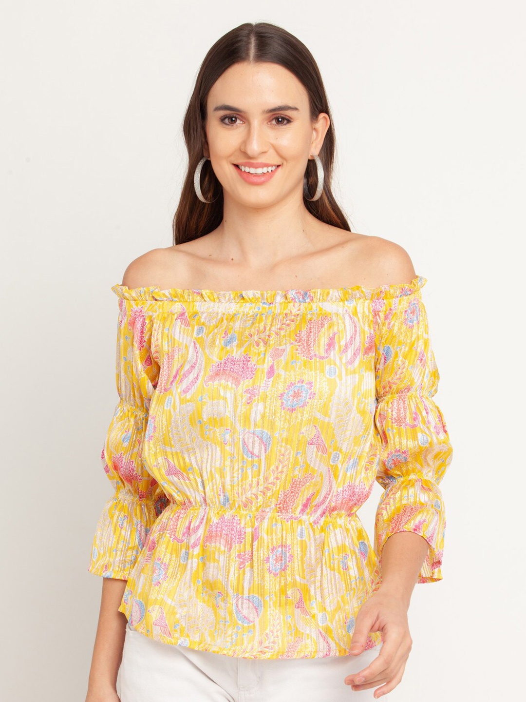 

Zink London Yellow & Pink Floral Print Off-Shoulder Accordion Pleats Cinched Waist Top