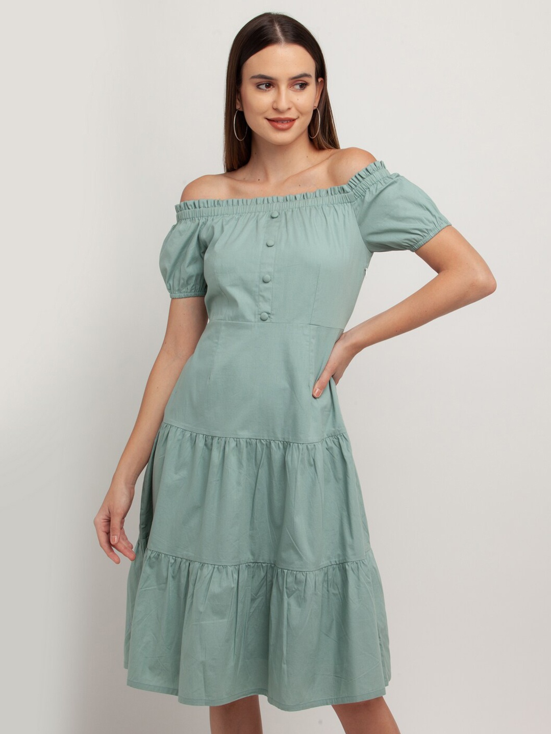 

Zink London Mint Green Off-Shoulder Tiered Pure Cotton Fit & Flare Dress