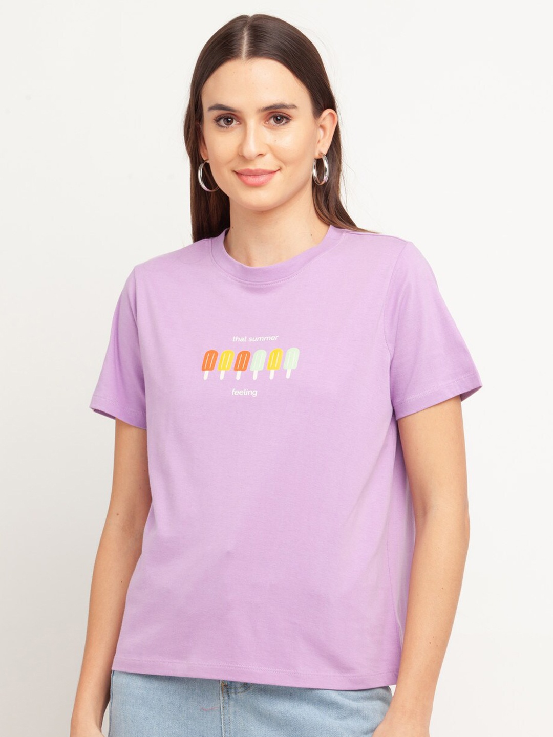 

Zink London Women Purple Typography Printed T-shirt