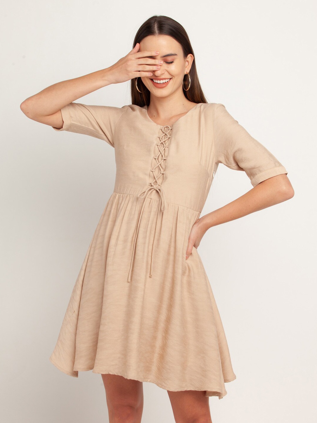 

Zink London Beige Fit & Flare Dress With Tie-Up Detail