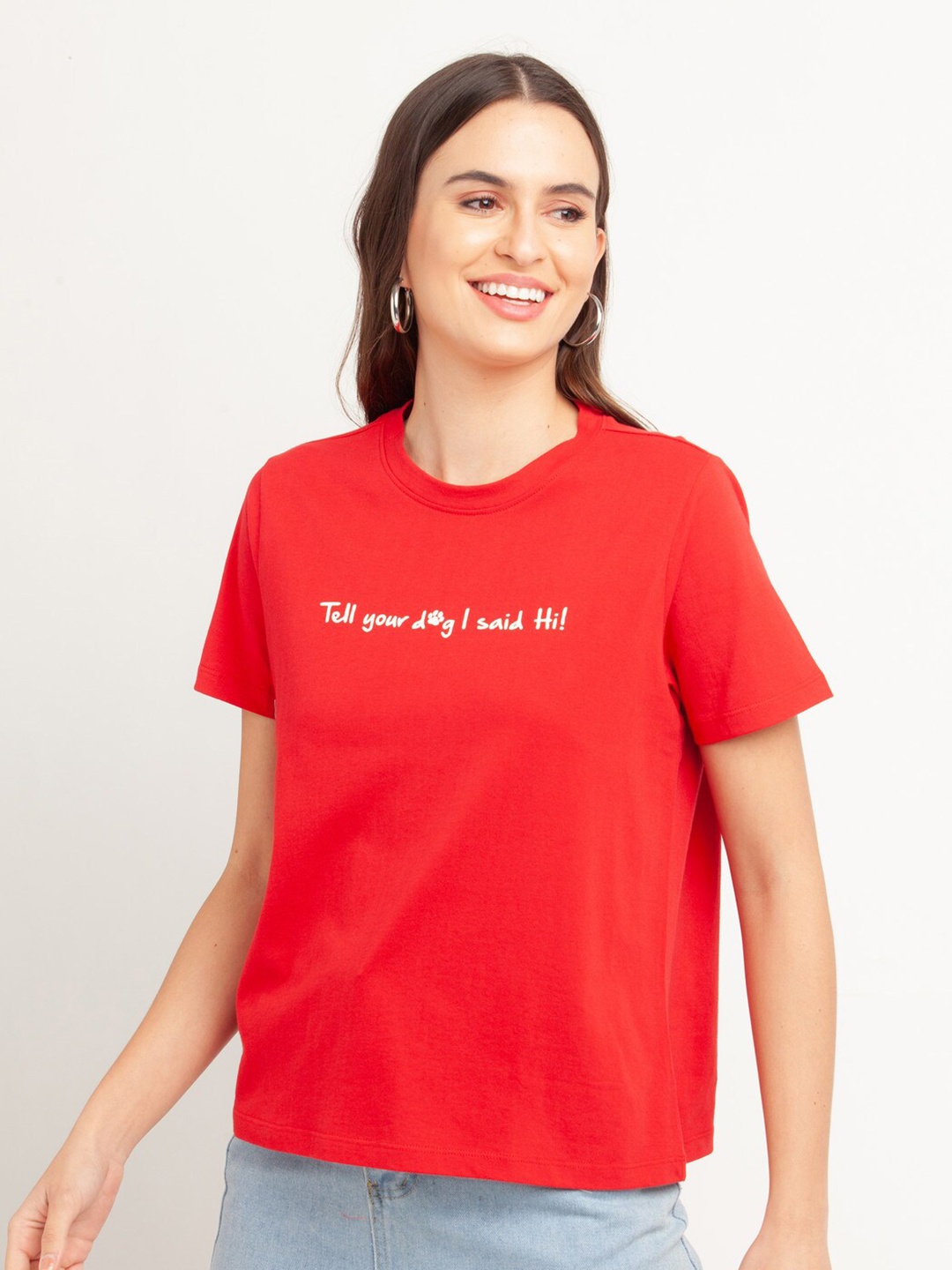 

Zink London Women Red Typography Printed Pure Cotton T-shirt