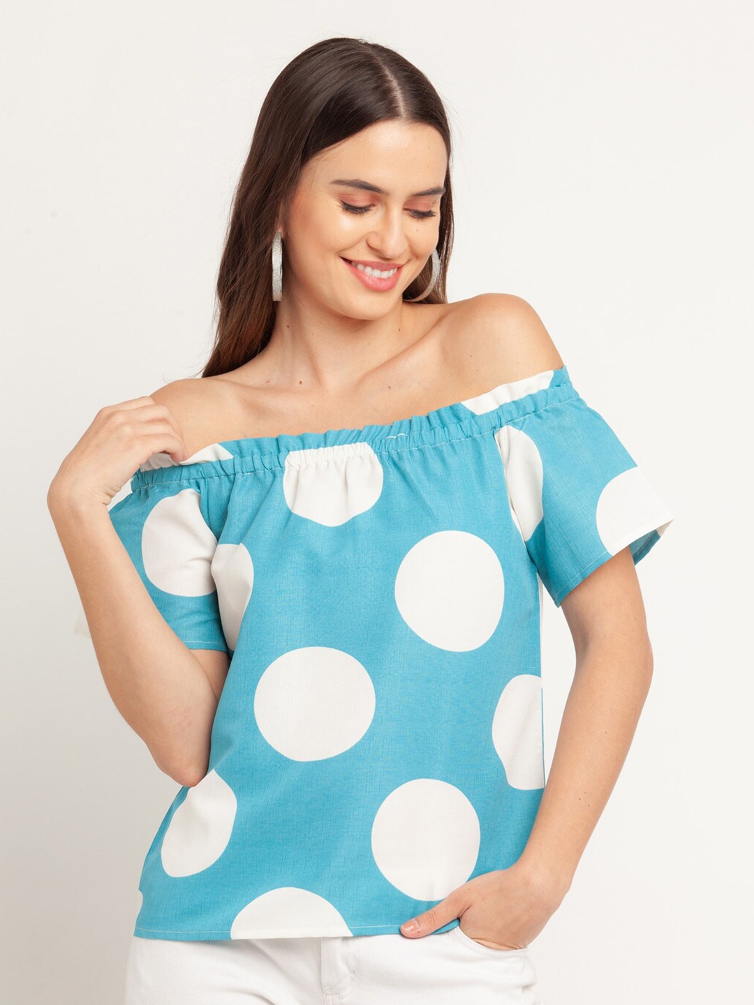 

Zink London Blue Print Off-Shoulder Bardot Top