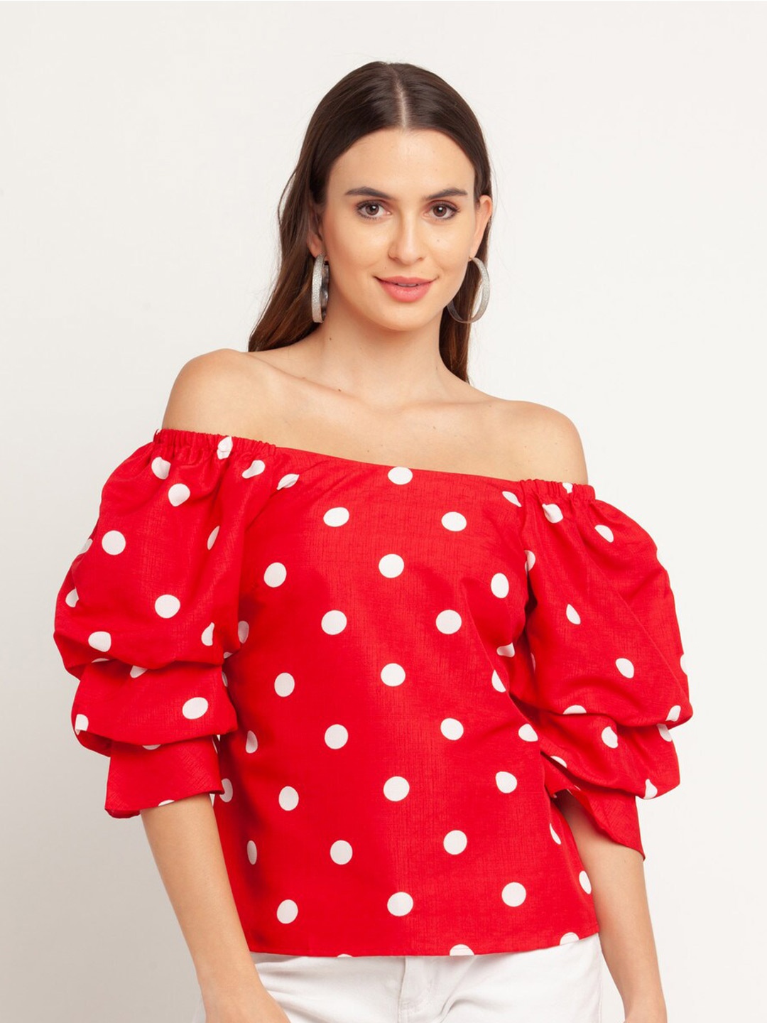 

Zink London Red Polka Dot Printed Off-Shoulder Bardot Top