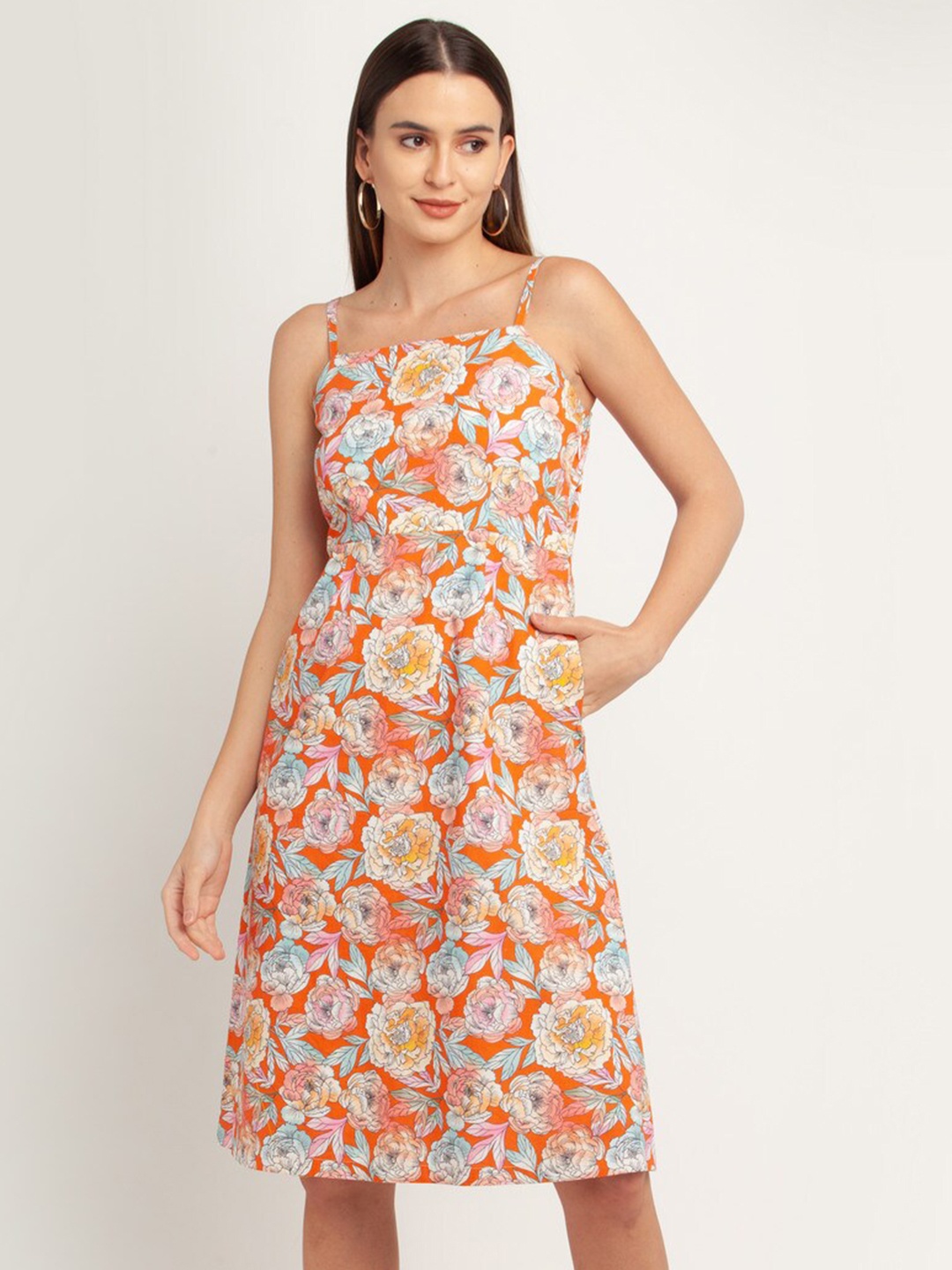 

Zink London Orange & White Floral Pure Cotton A-Line Dress