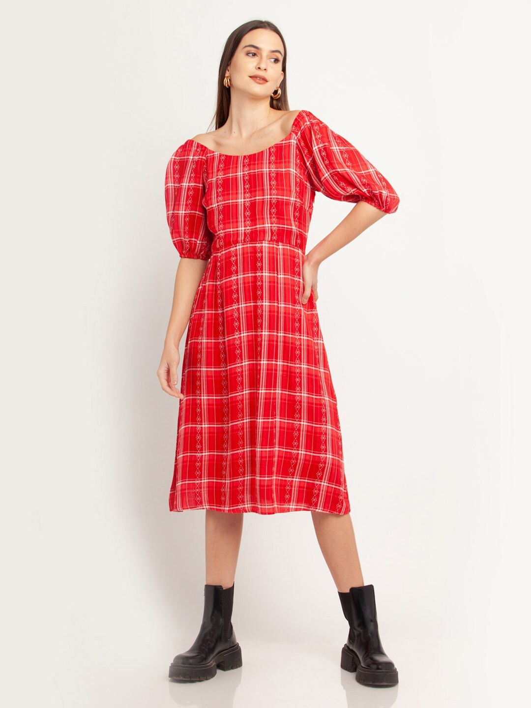 

Zink London Women Red Checked Off-Shoulder Cotton A-Line Dress