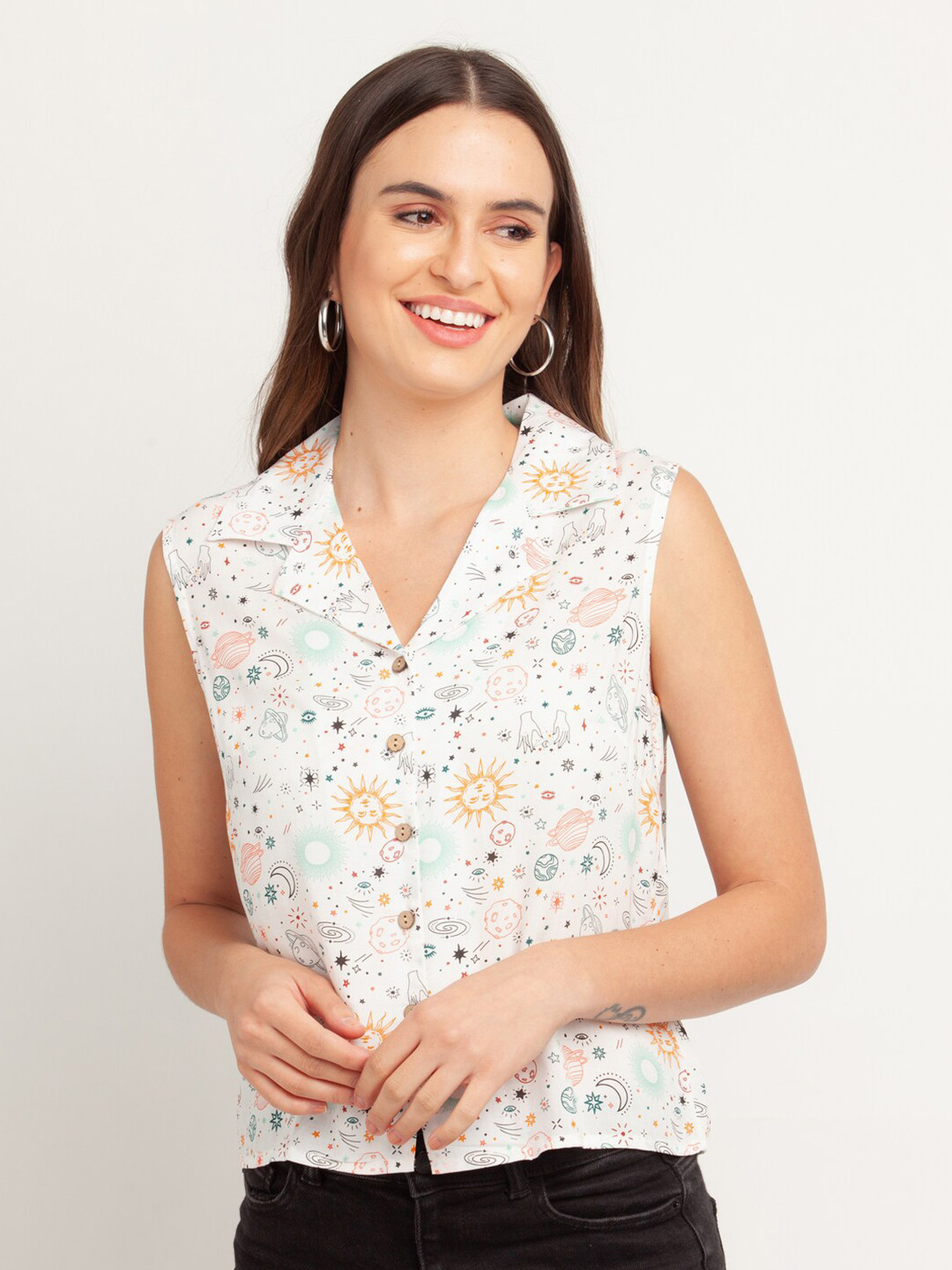 

Zink London Women White Floral Printed Casual Shirt