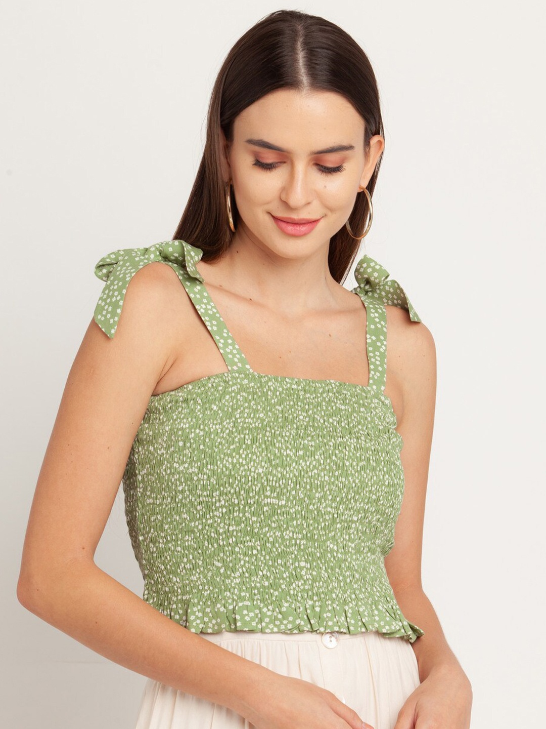 

Zink London Green Print Smocked Top