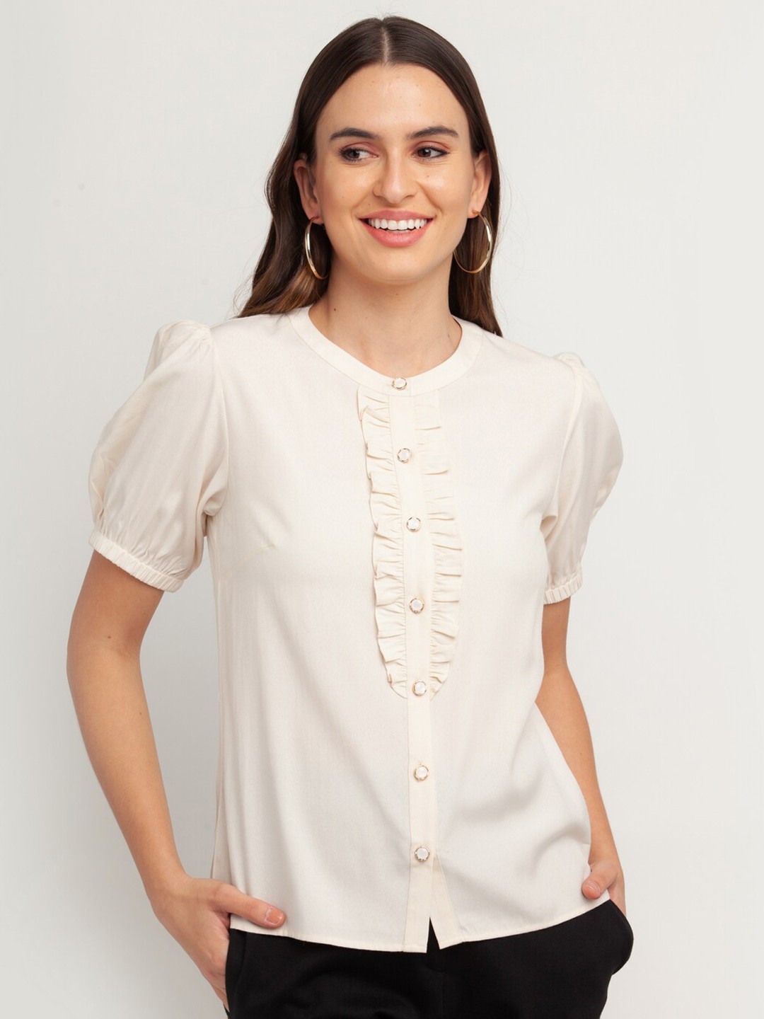 

Zink London Off White Mandarin Collar Ruffles Shirt Style Top