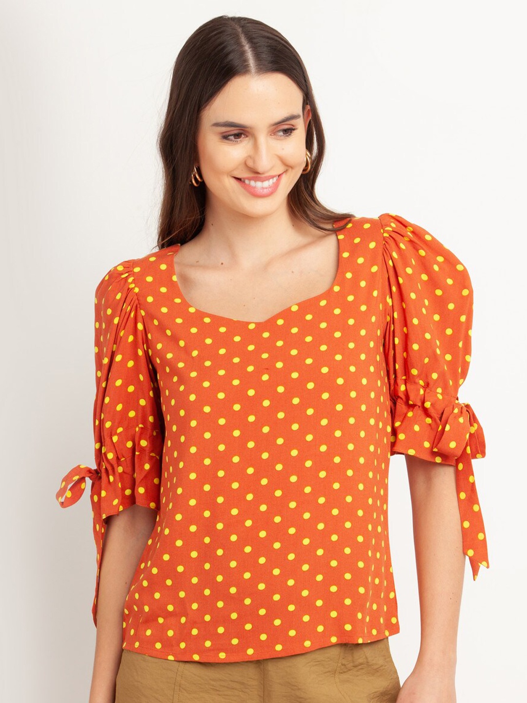 

Zink London Orange & White Polka Dots Printed Print Top