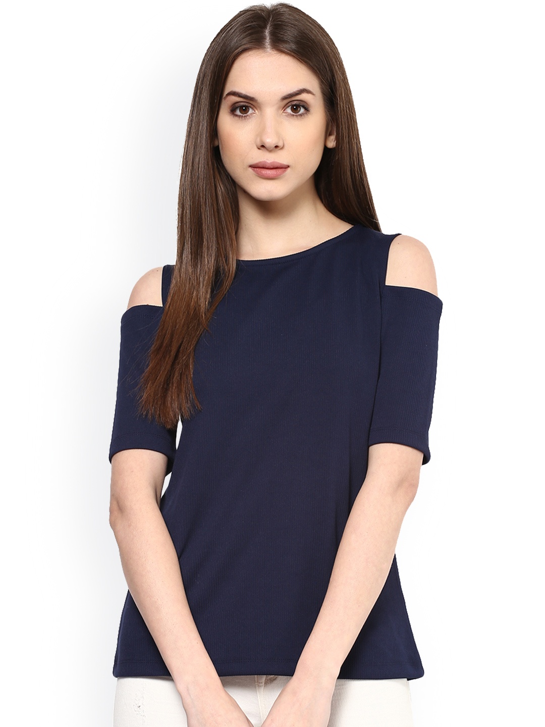 

Harpa Navy Cold Shoulder Top, Navy blue