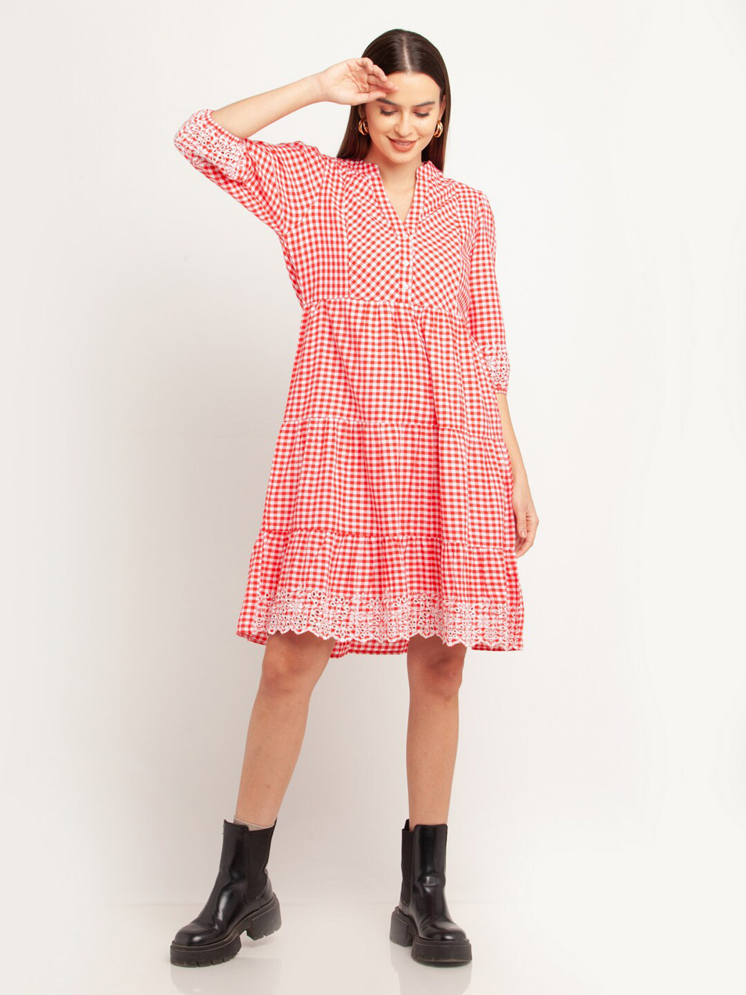 

Zink London Red Checked Tiered Short Dress