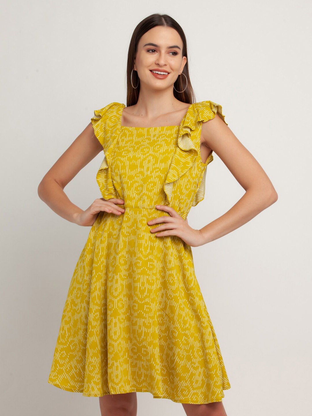 

Zink London Yellow Printed Ruffled Flutter Sleeves Fit & Flare Dress