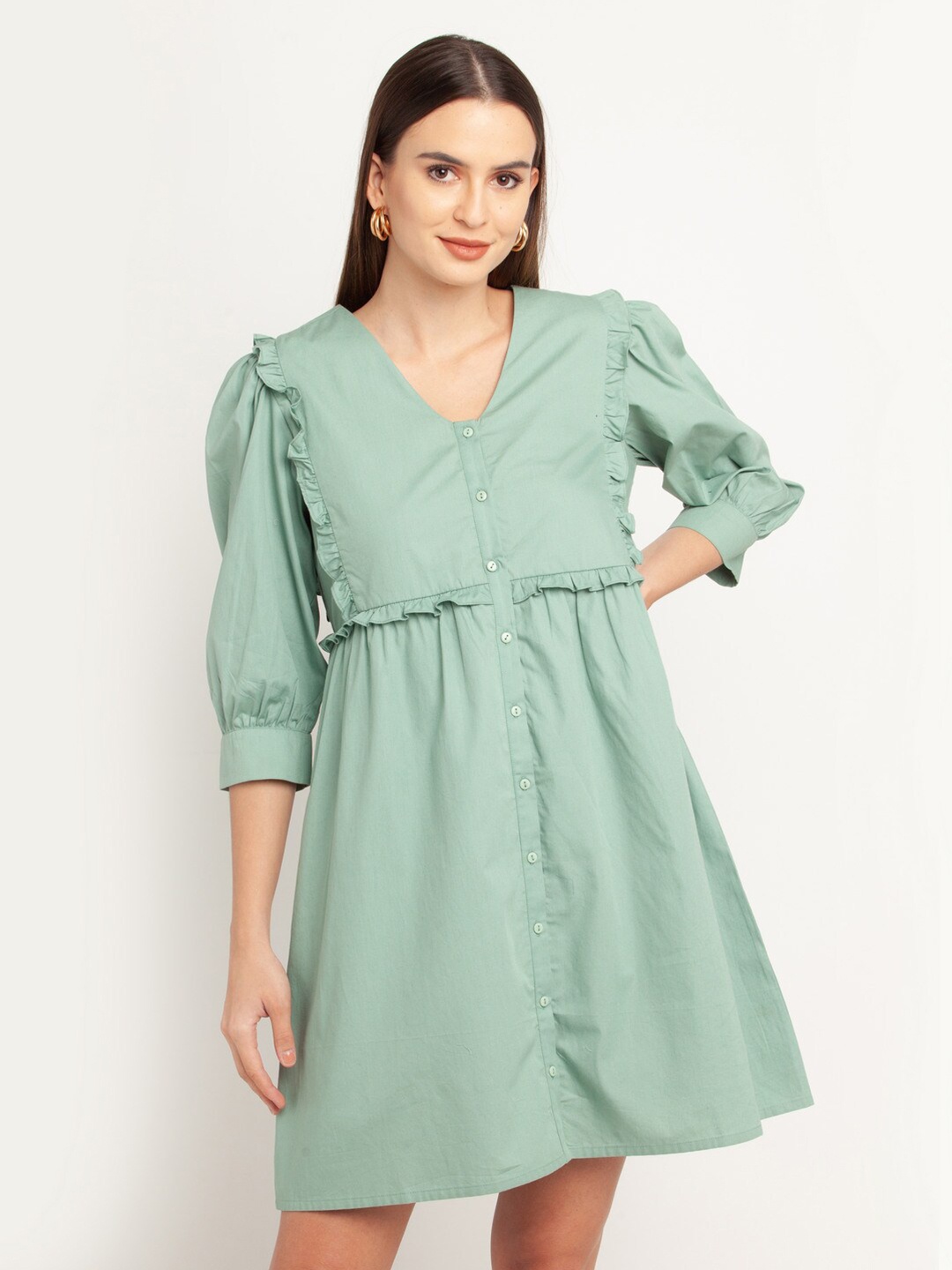 

Zink London Pastel Green Fit & Flare Ruffles Pure Cotton Dress