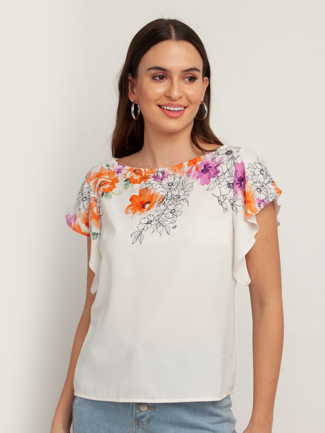 

Zink London White & Orange Floral Print Top