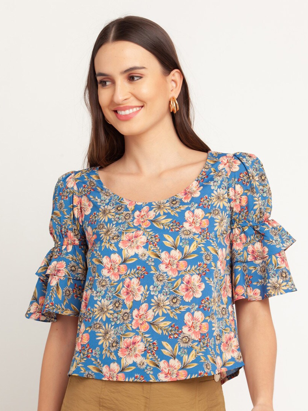 

Zink London Women Blue & Pink Floral Print Boxy Top