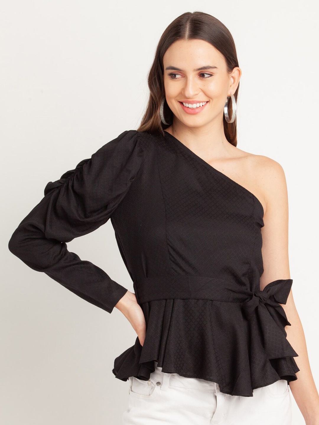 

Zink London Women Black One Shoulder Peplum Top