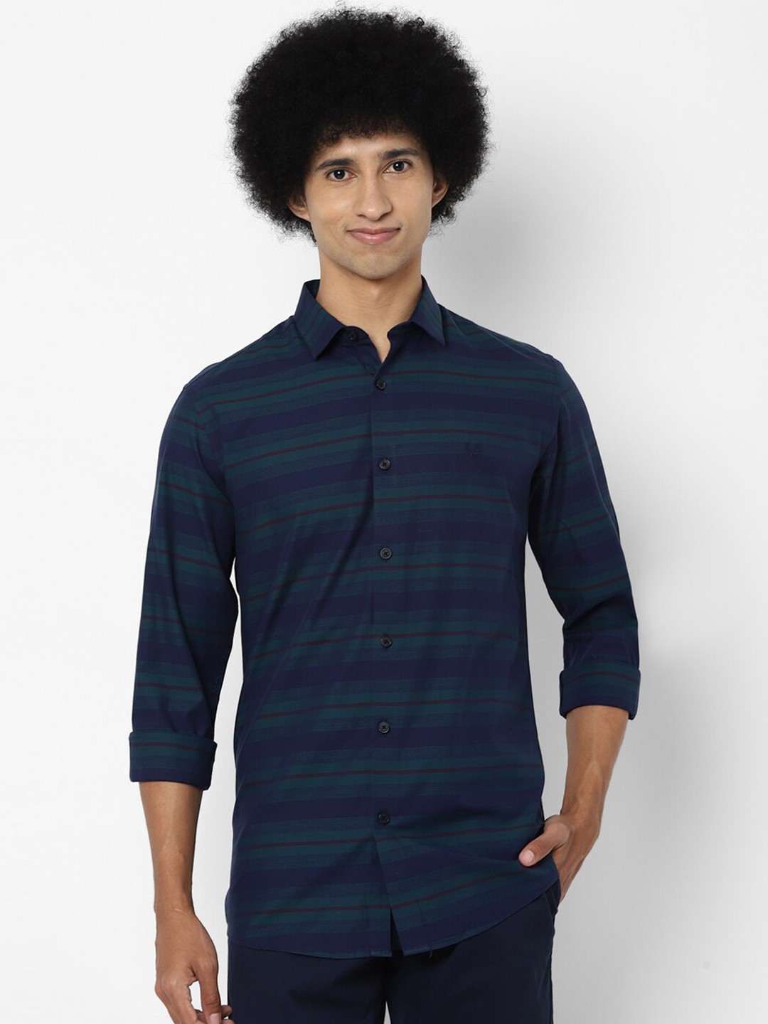 

Allen Solly Men Navy Blue Slim Fit Horizontal Stripes Striped Pure Cotton Casual Shirt
