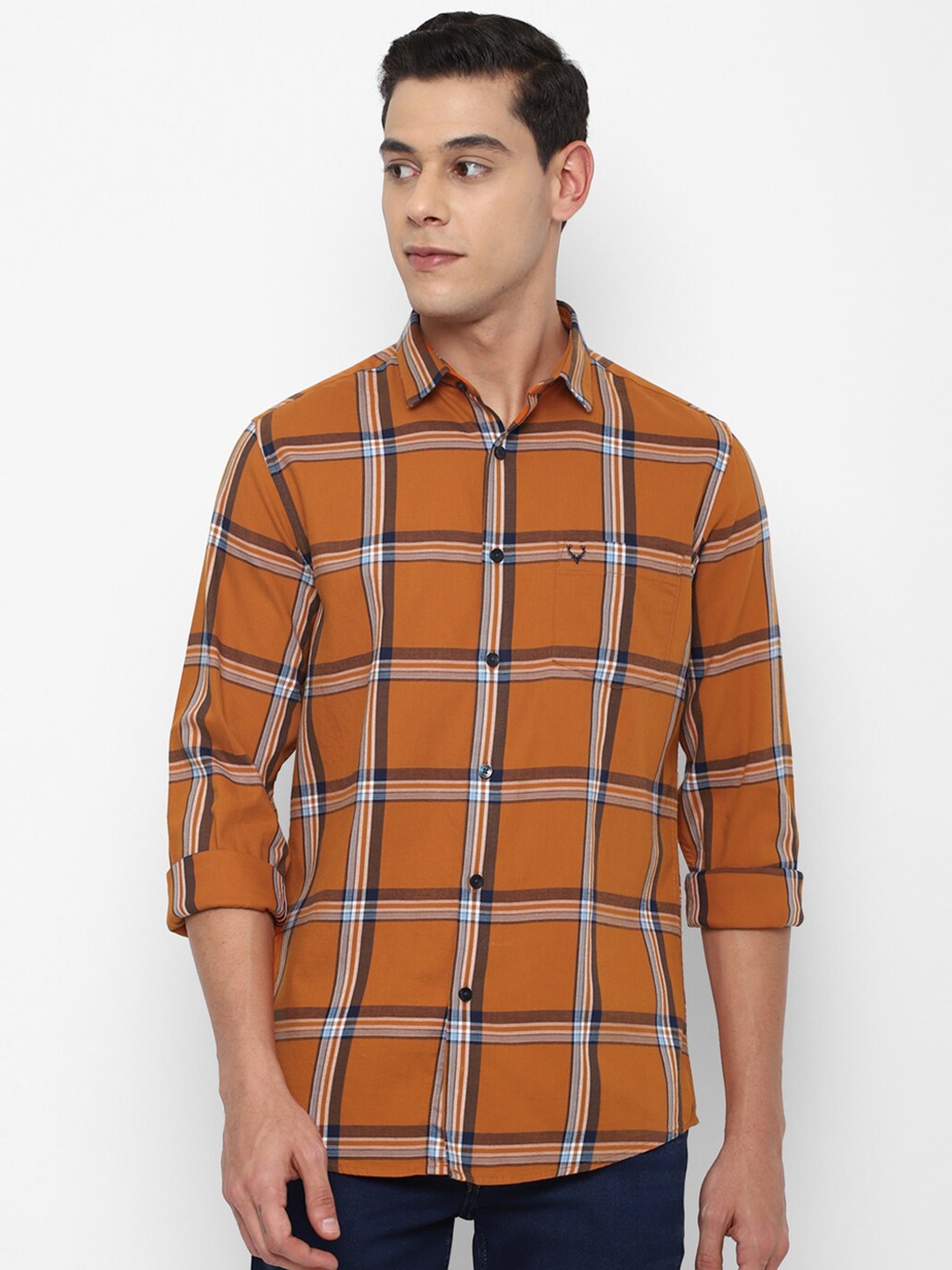 

Allen Solly Men Orange Slim Fit Windowpane Checks Checked Pure Cotton Casual Shirt