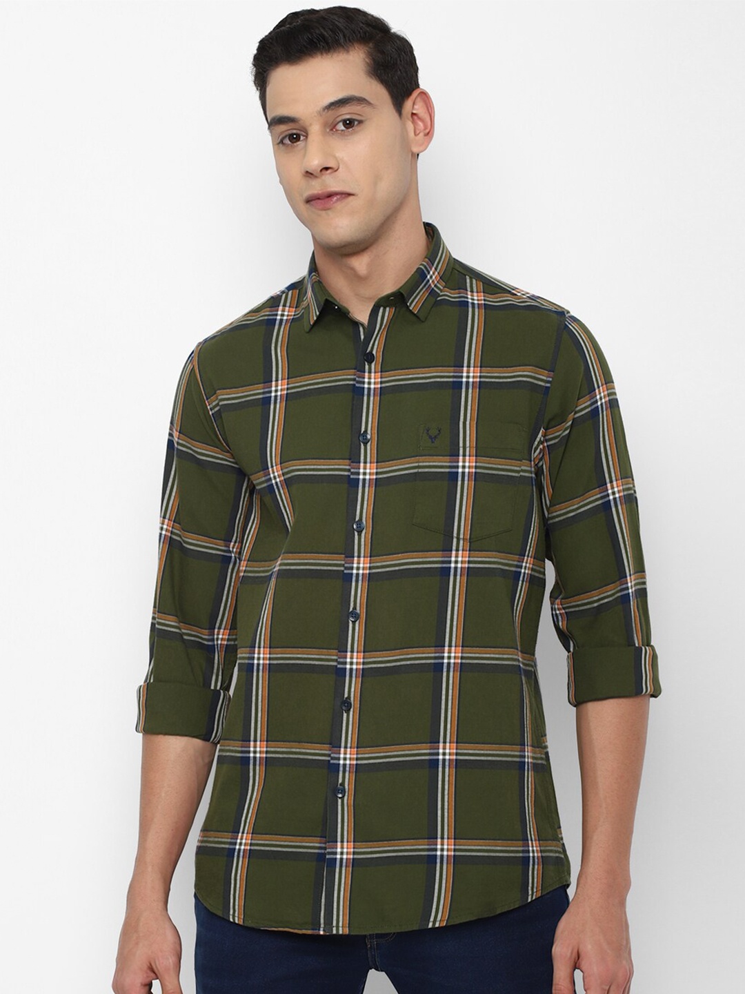 

Allen Solly Men Olive Green Slim Fit Windowpane Checks Checked Cotton Casual Shirt