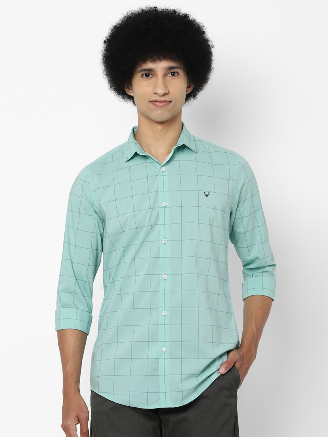 

Allen Solly Men Sea Green & Black Slim Fit Windowpane Checks Checked Casual Shirt