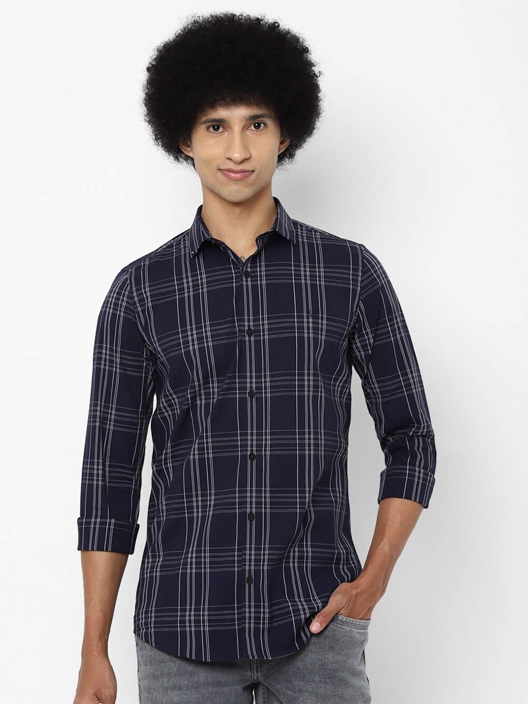 

Allen Solly Men Navy Blue Slim Fit Tartan Checks Checked Casual Shirt