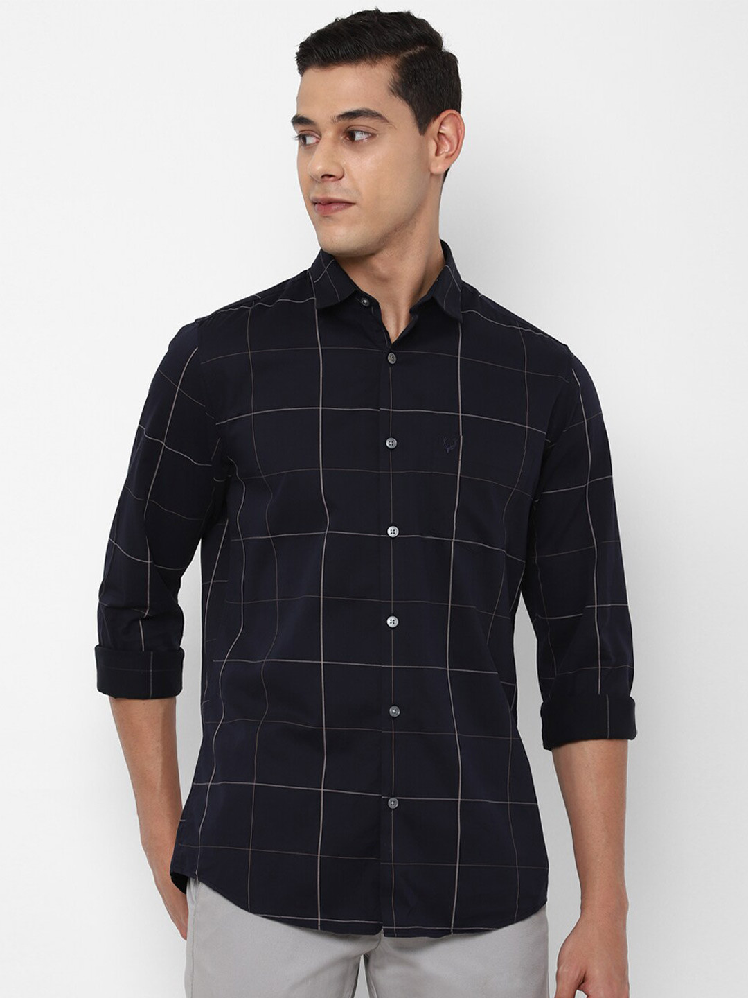 

Allen Solly Men Navy Blue Slim Fit Windowpane Checked Cotton Casual Shirt