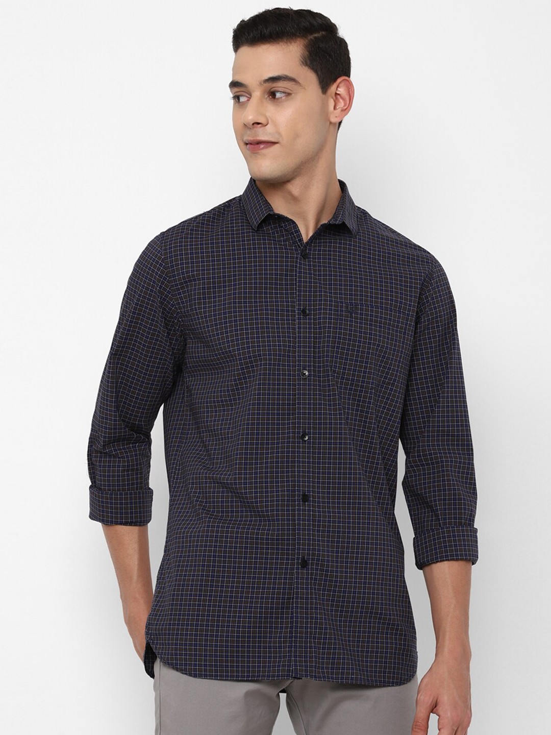 

Allen Solly Men Navy Blue Slim Fit Grid Tattersall Checks Checked Casual Cotton Shirt
