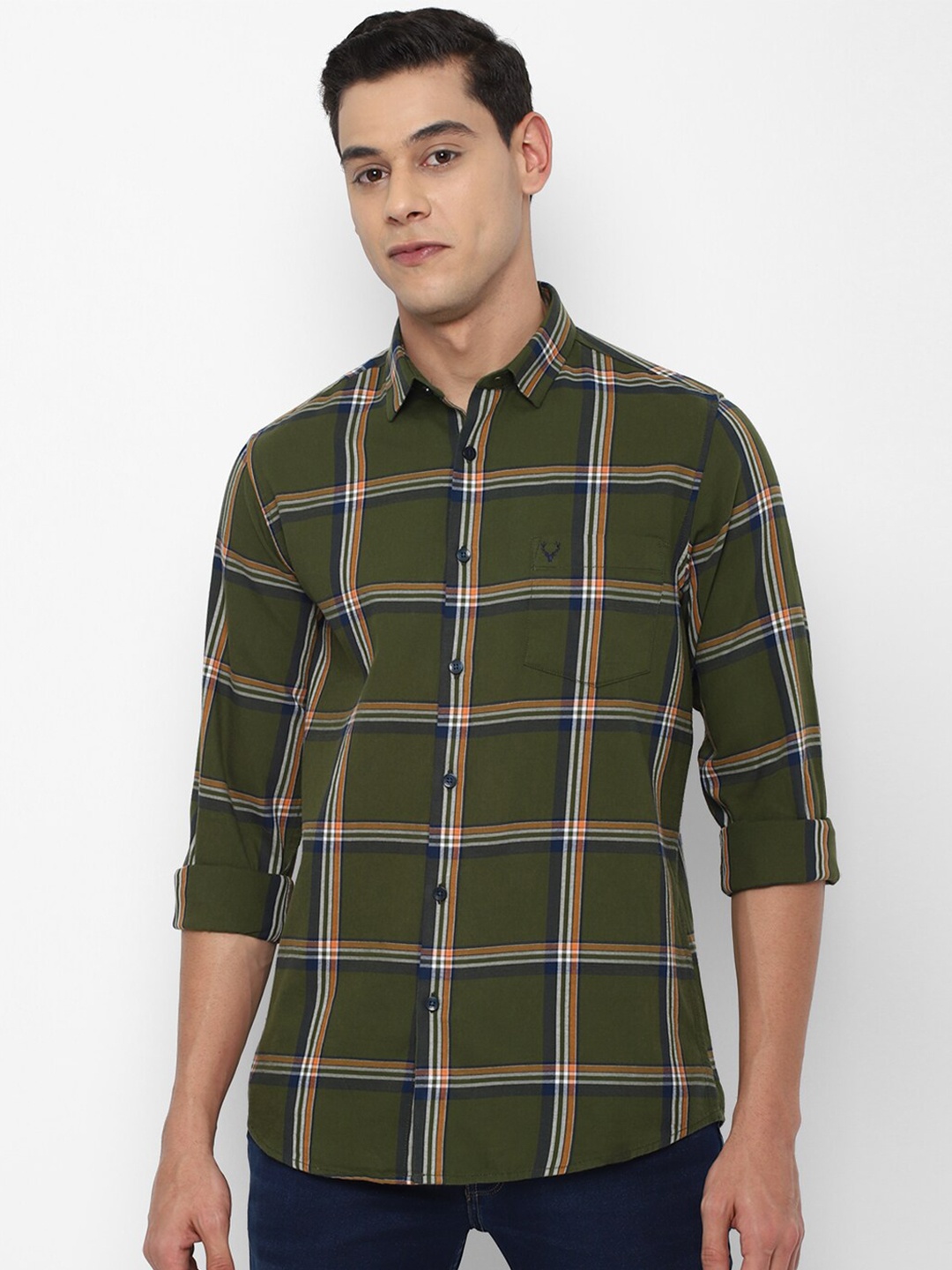 

Allen Solly Men Olive Green Slim Fit Windowpane Checked Cotton Casual Shirt