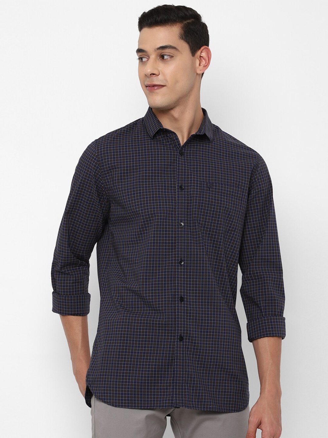 

Allen Solly Men Navy Blue Slim Fit Grid Tattersall Checks Checked Pure Cotton Casual Shirt