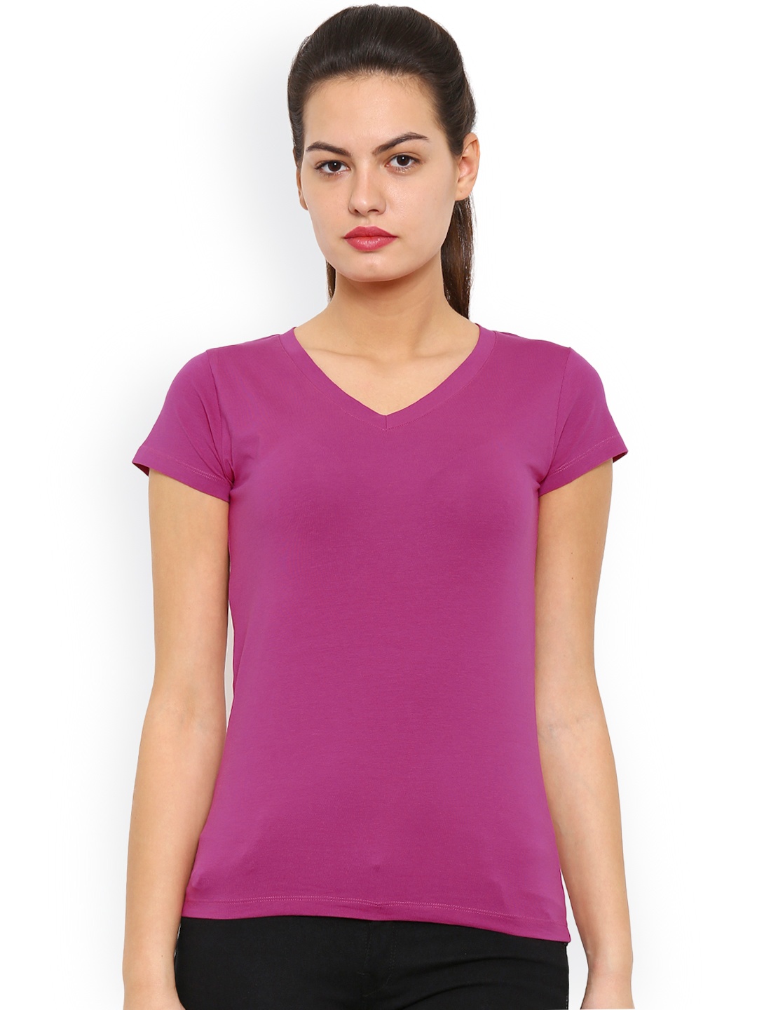 

De Moza Women Magenta Solid V-Neck T-shirt