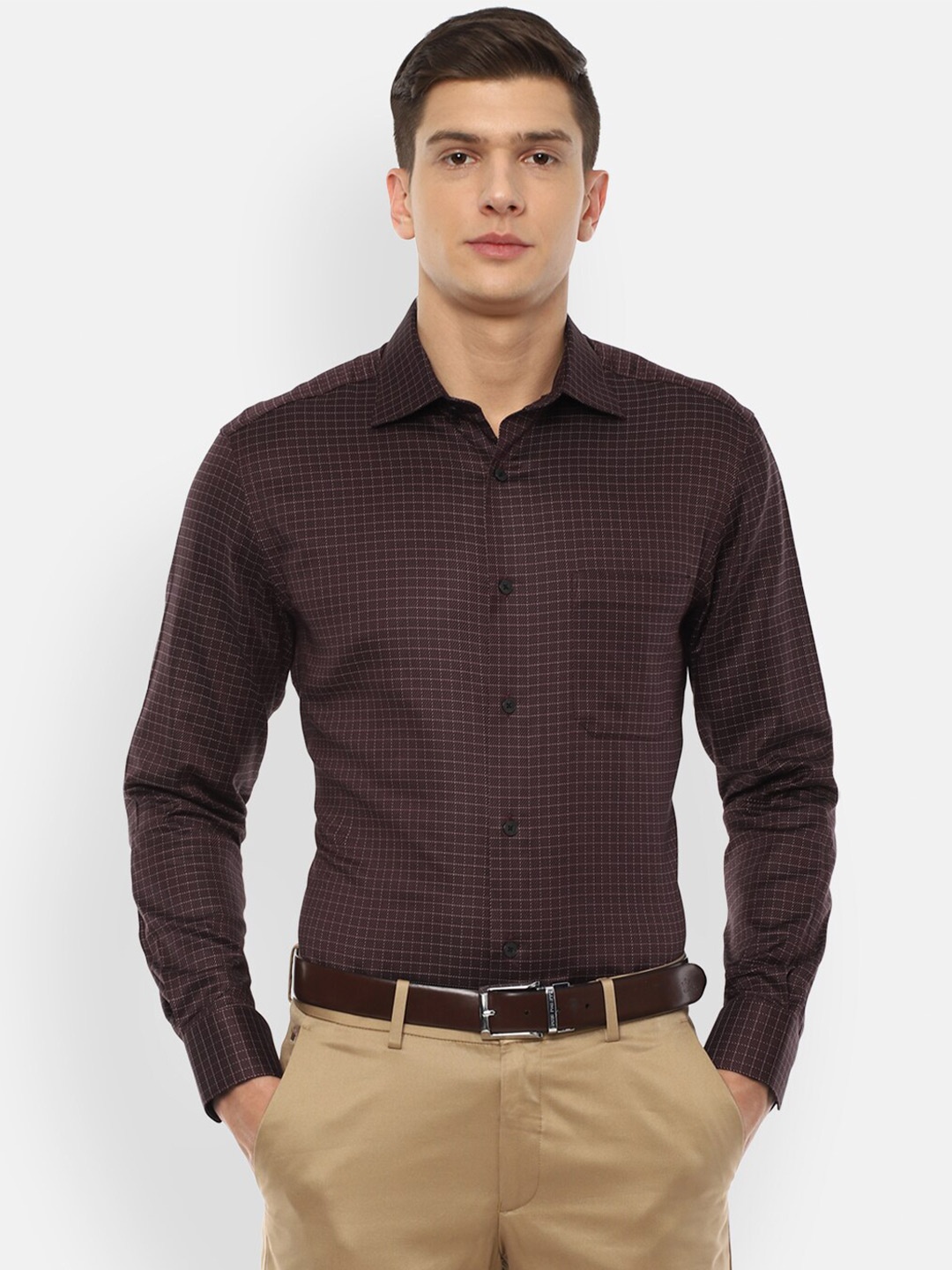 

Louis Philippe Men Brown & White Checked Pure Cotton Formal Shirt