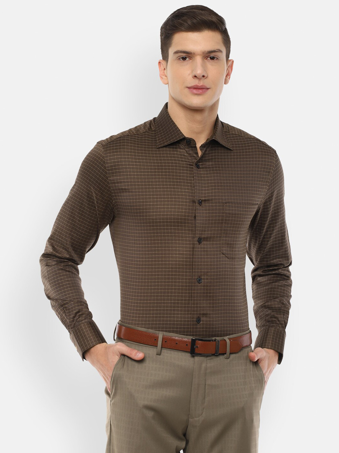 

Louis Philippe Men Brown Micro Checks Cotton Formal Shirt