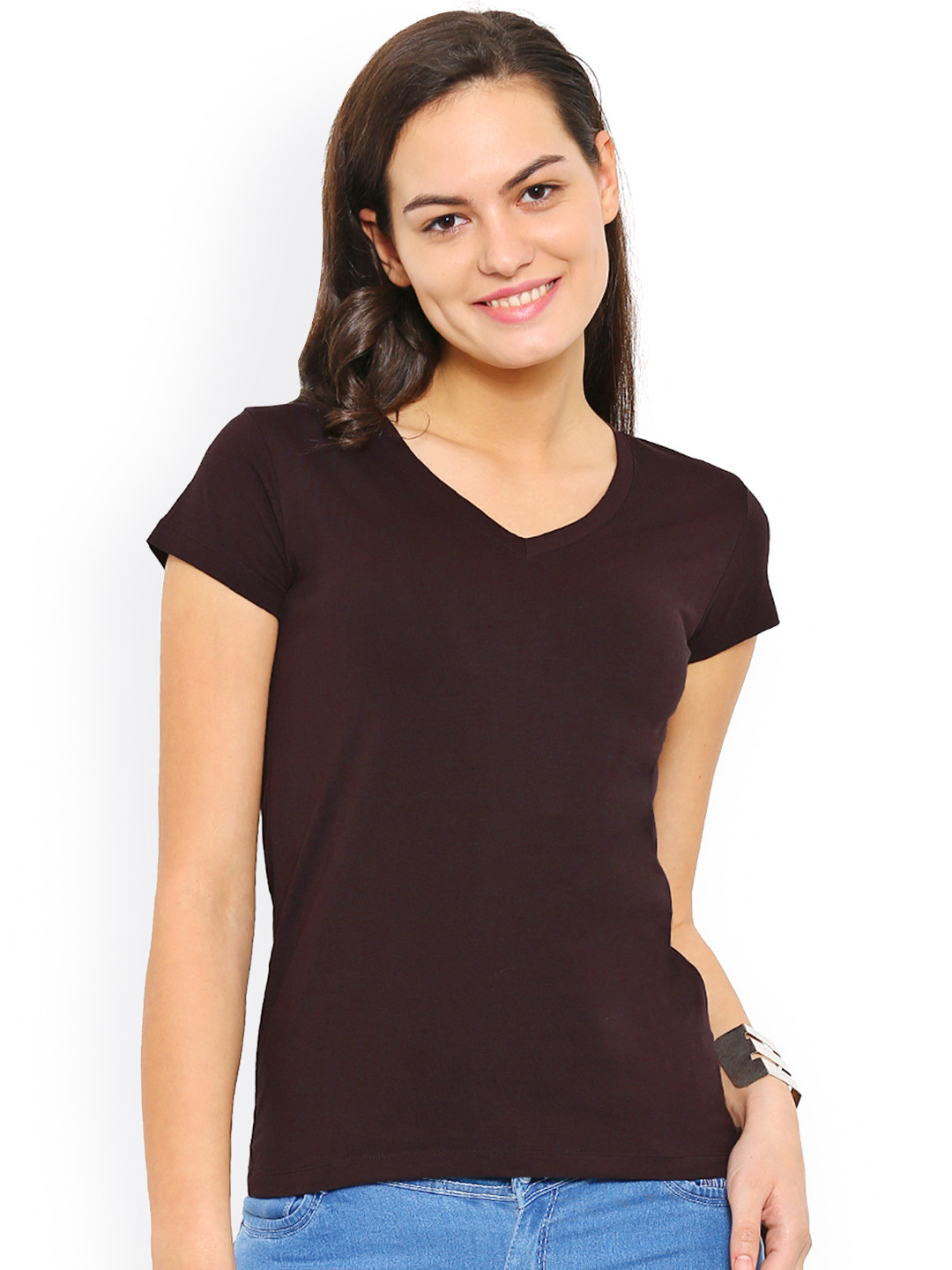 

De Moza Women Brown Solid V-Neck T-shirt