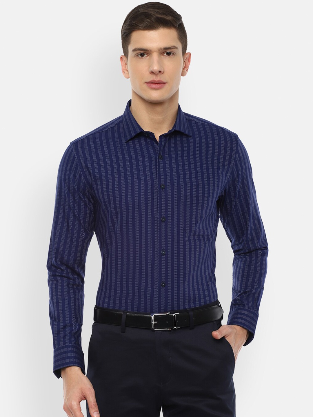 

Louis Philippe Men Navy Blue Slim Fit Striped Formal Shirt