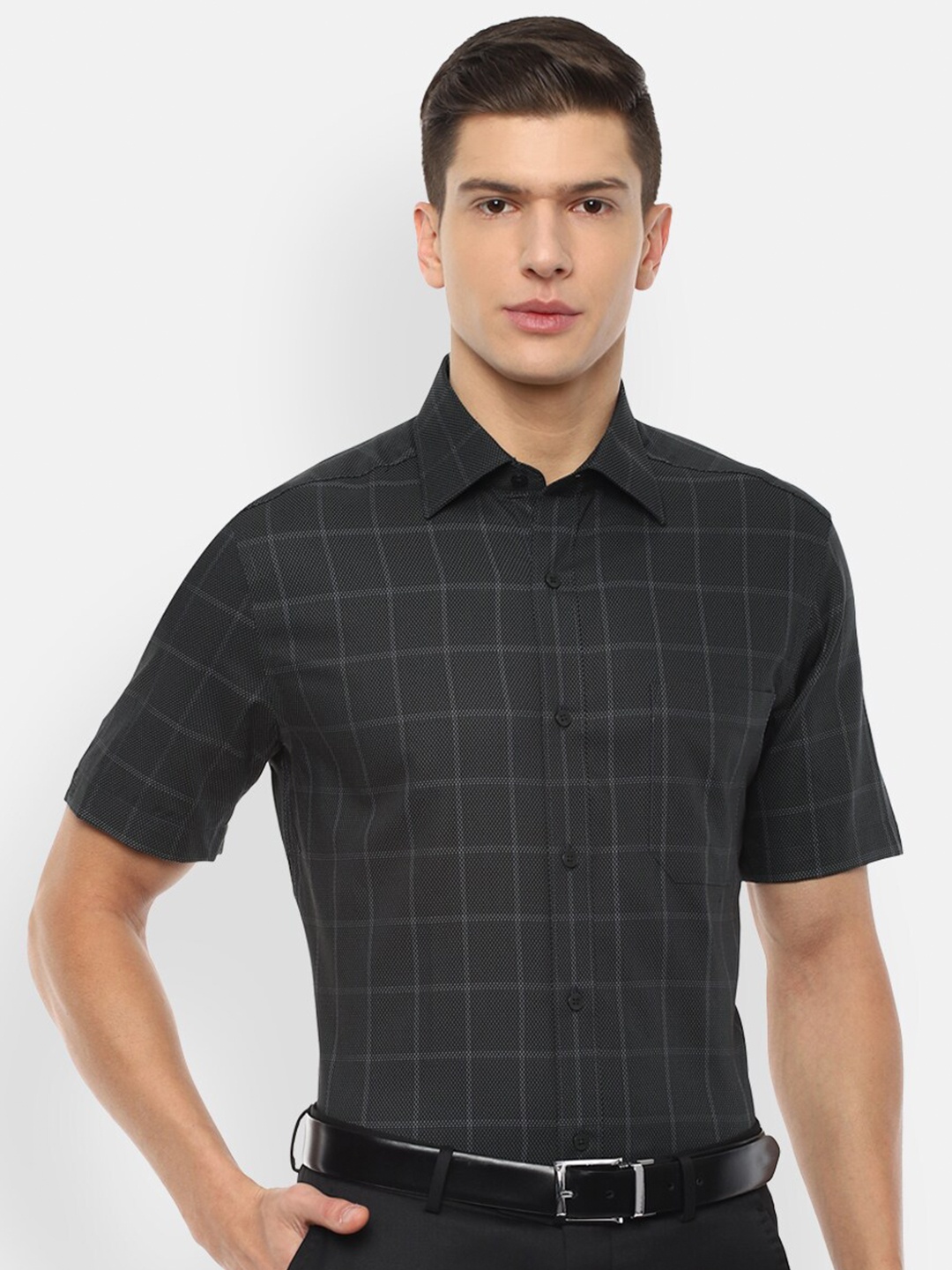 

Louis Philippe Men Grey Windowpane Checked Cotton Formal Shirt