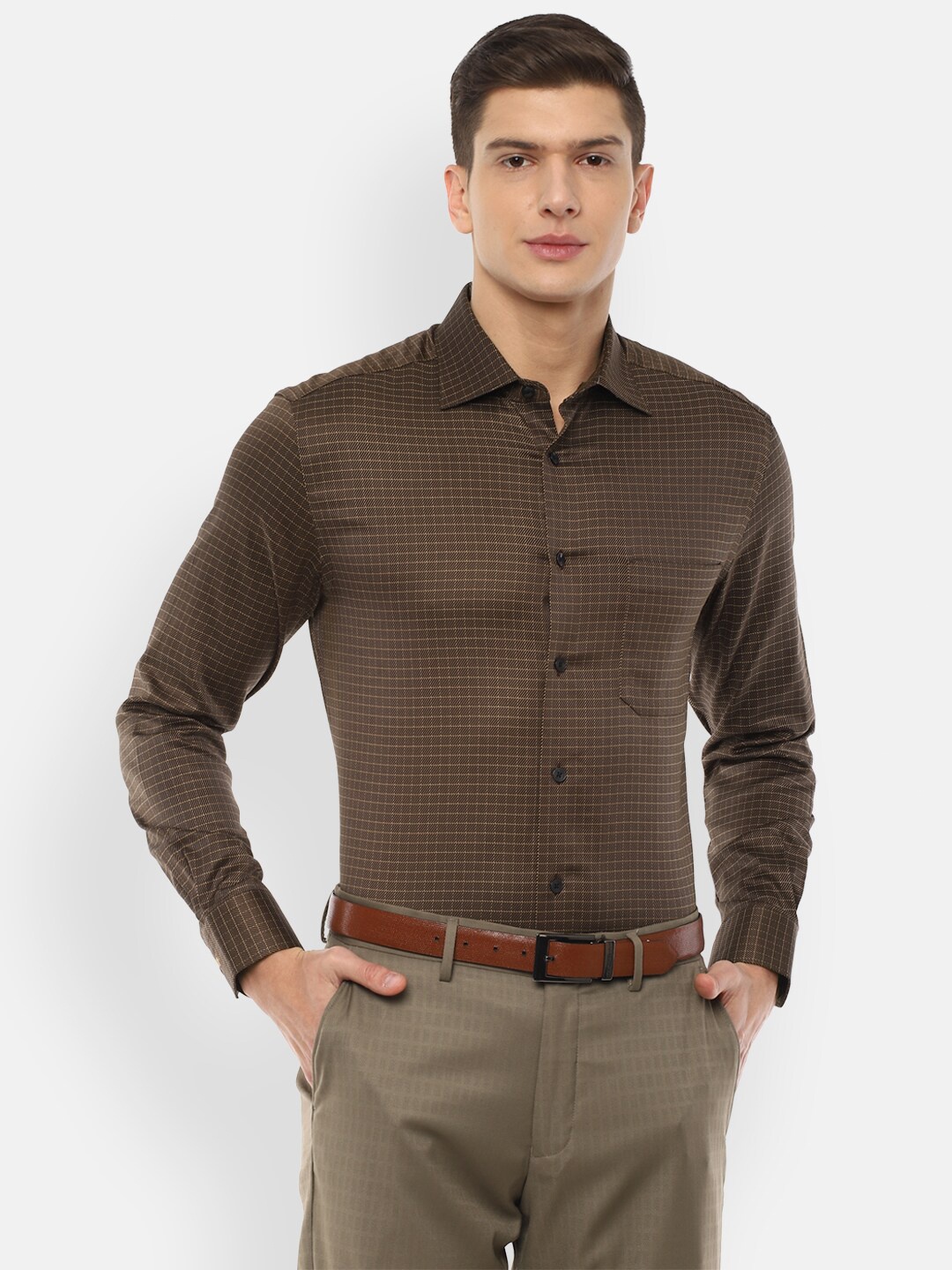 

Louis Philippe Men Brown Grid Tattersall Checks Checked Formal Shirt