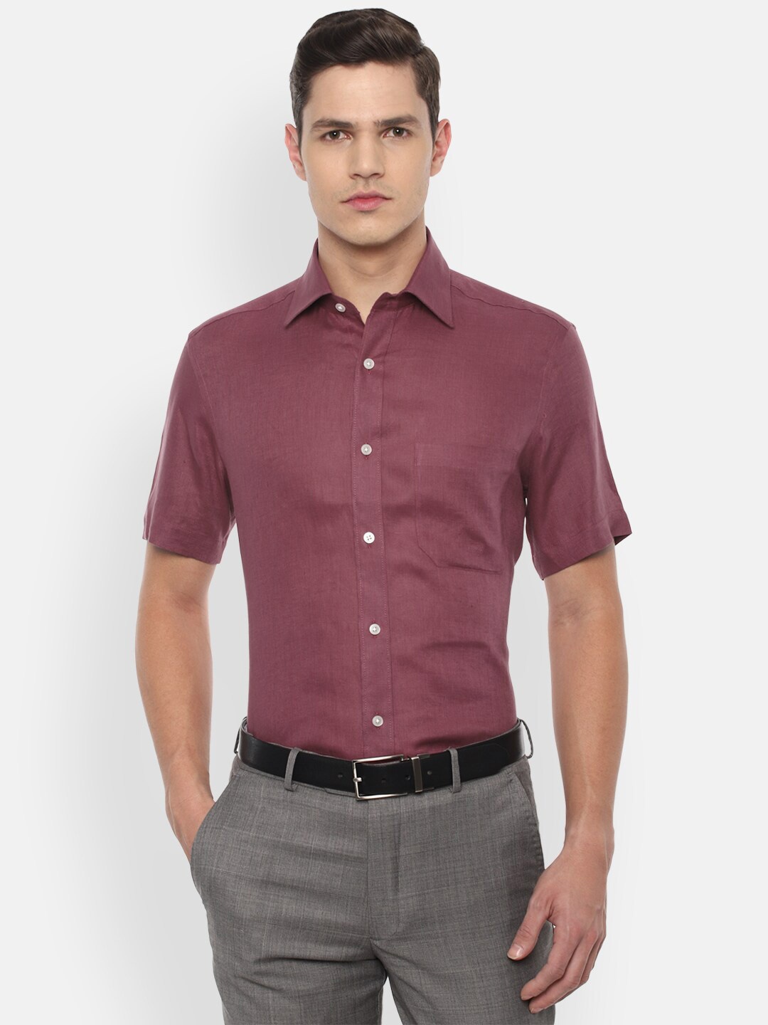 

Louis Philippe Men Burgundy Solid Pure Linen Formal Shirt
